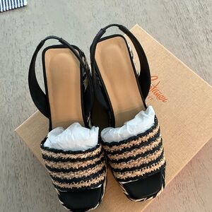 Castaner Black and Tan Woven Slingback Wedges